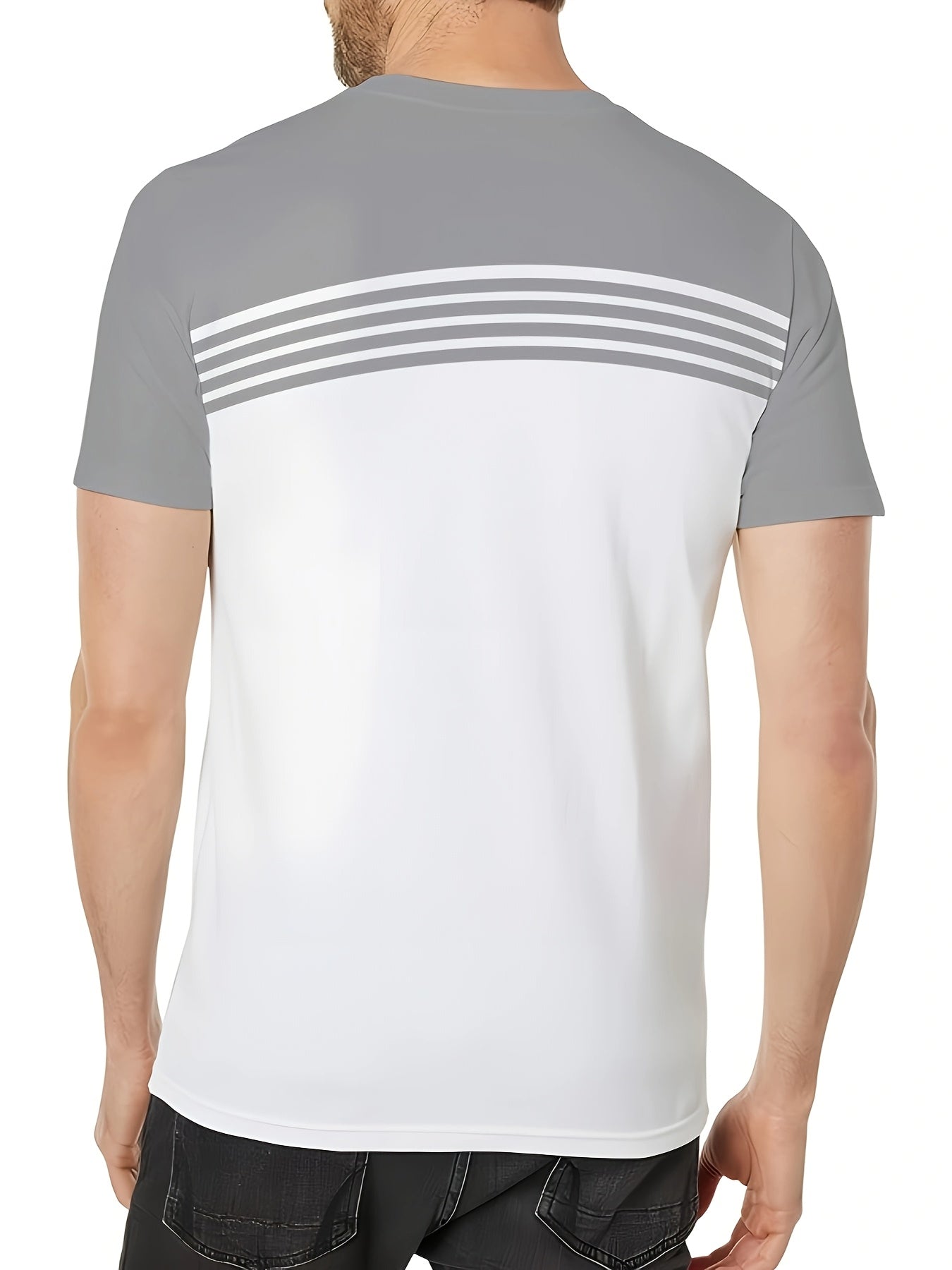 Men's fashion short sleeve t-shirt with striped geometric pattern, crew neck, regular fit, made of 100% polyester knit fabric with slight stretch.