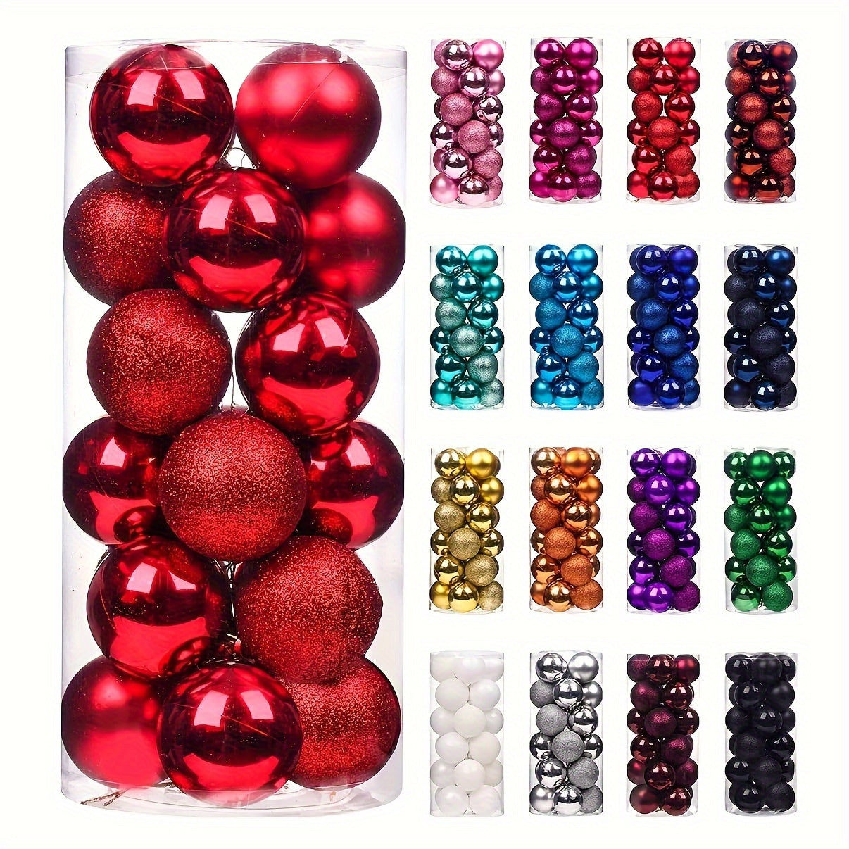 24 shatterproof Christmas tree ornaments in various sizes for festive decorations.