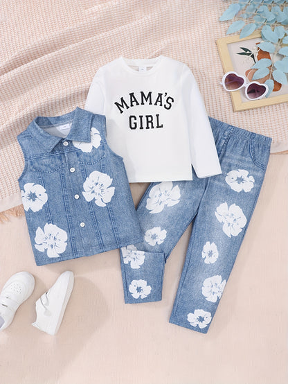 Chic street style girls' outfit: "Mama's Girl" printed denim vest & white long sleeve tee with floral jeans - casual knit fabric for spring/fall, perfect for outdoor wear.