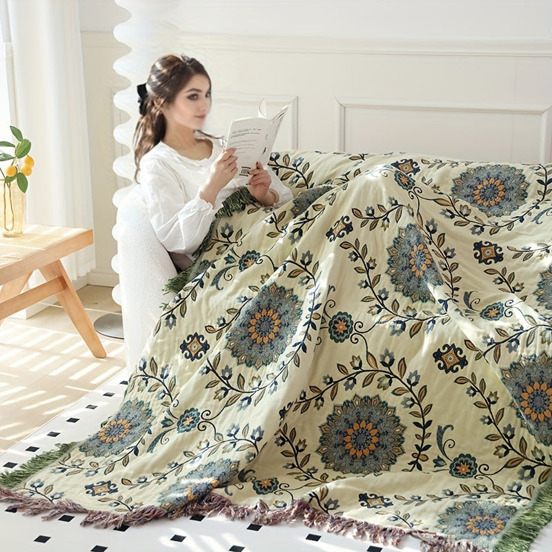 1 piece of soft cotton multi-layer gauze throw blanket featuring a tassel flower and leaf pattern. This versatile blanket can be used as a sofa towel, air conditioning blanket, summer cooling quilt, or a multi-function blanket. It is double-sided