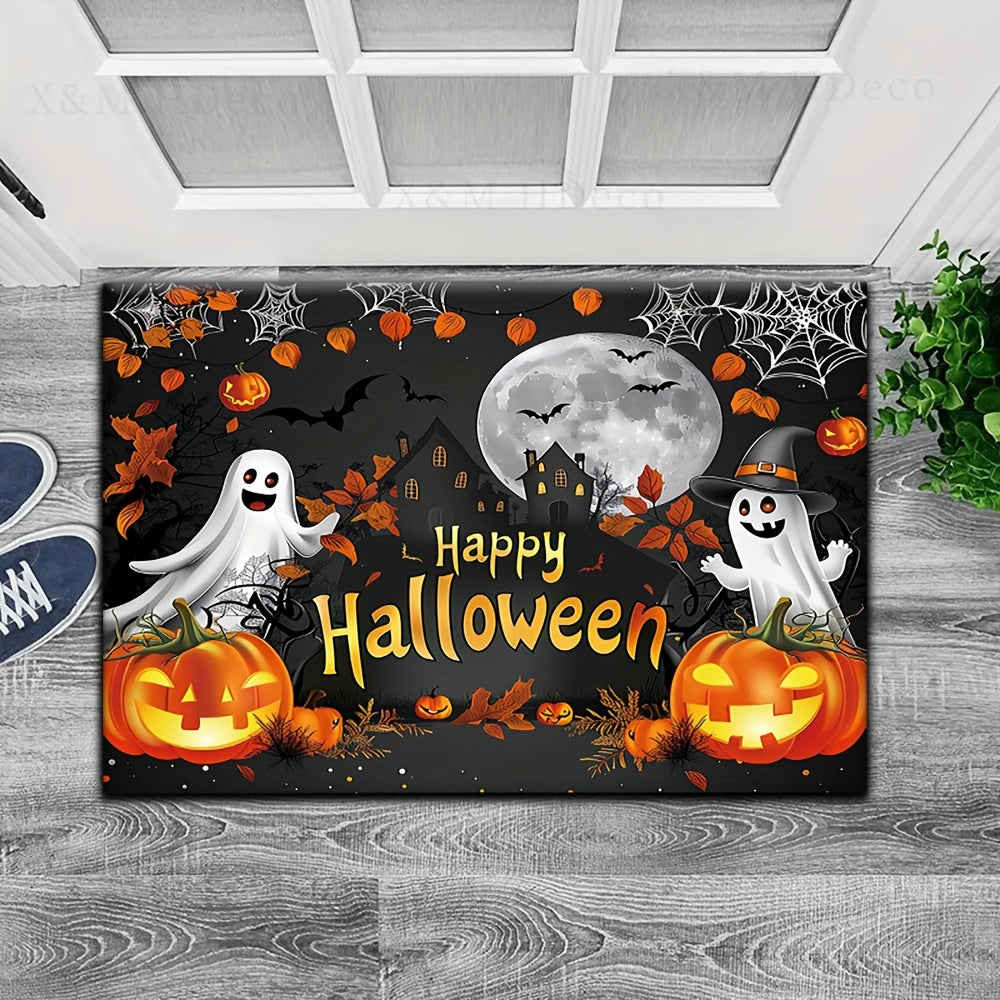 Get into the spooky spirit with our "Happy Halloween" doormat! Made of durable, non-slip, and machine washable polyester, this outdoor mat features a festive design of ghosts, pumpkins, and autumn leaves. Perfect for your entryway, living room, kitchen