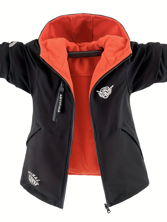 Reversible fleece hooded jacket for boys, with long sleeves and zip-up design perfect for outdoor activities.