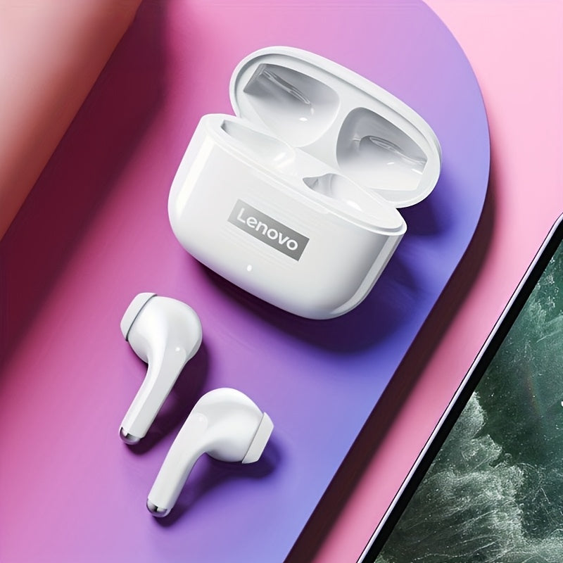 2025 Lenovo LP40 Pro Wireless Earphones with compact design, clear calls, and volume control. Features a condenser microphone, rechargeable battery, and Type-C port charging. Suitable for