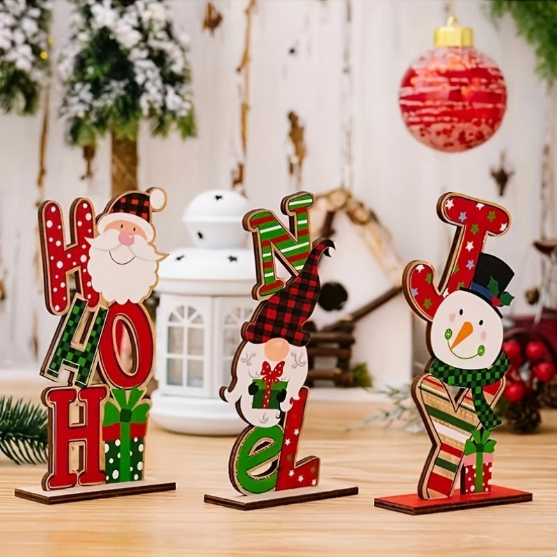 Wooden letter ornaments with Santa, snowman, and gnome designs for Christmas decoration in classic style. Made of manufactured wood, suitable for holiday decor, prom, or general use. Features an animal theme with various hanging shapes.