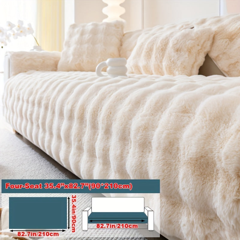 Imitation rabbit plush sofa cover for winter warmth, non-slip protection for furniture in home or office.