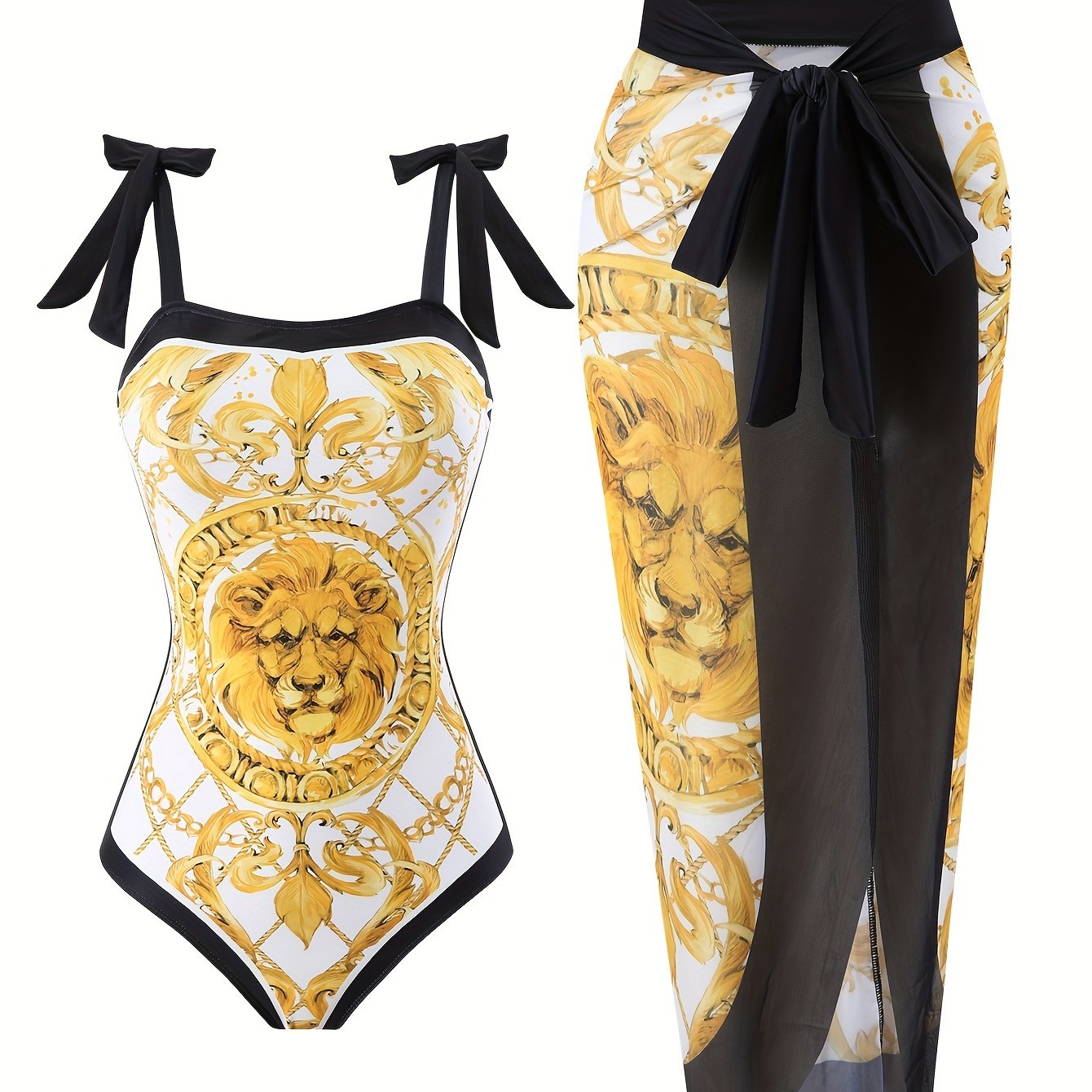 Golden Tone Lion Print 2 Piece Swimsuits with Bowknot Shoulder and Mesh Cover Up, Perfect for Koningsdag.