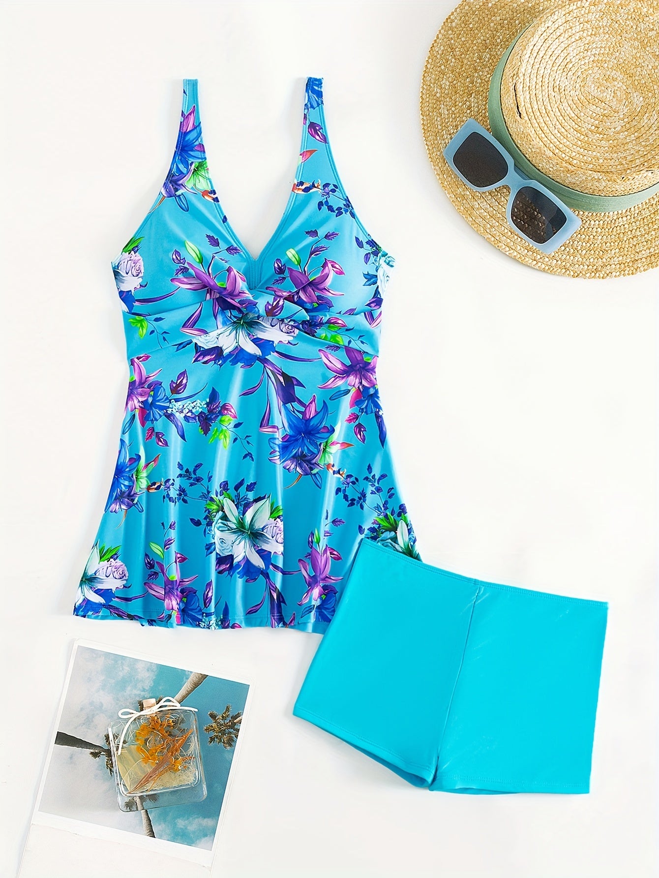 Tropical Print Tankini Set with Boxer Shorts - Women's Swimwear