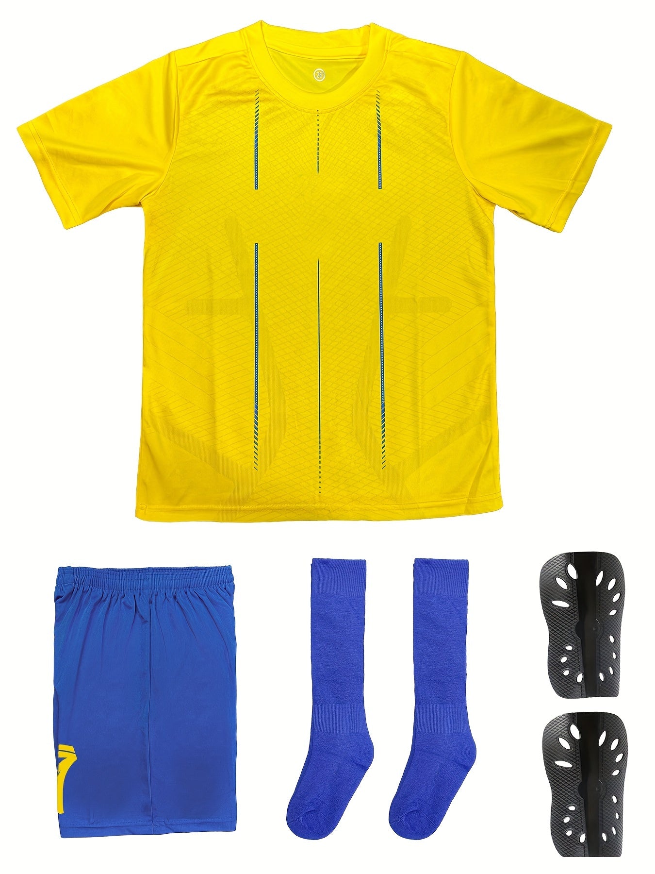 Youth soccer jersey set in vibrant yellow and blue includes shirt, shorts, and socks featuring #7. Made of durable polyester, machine washable for year-round play.