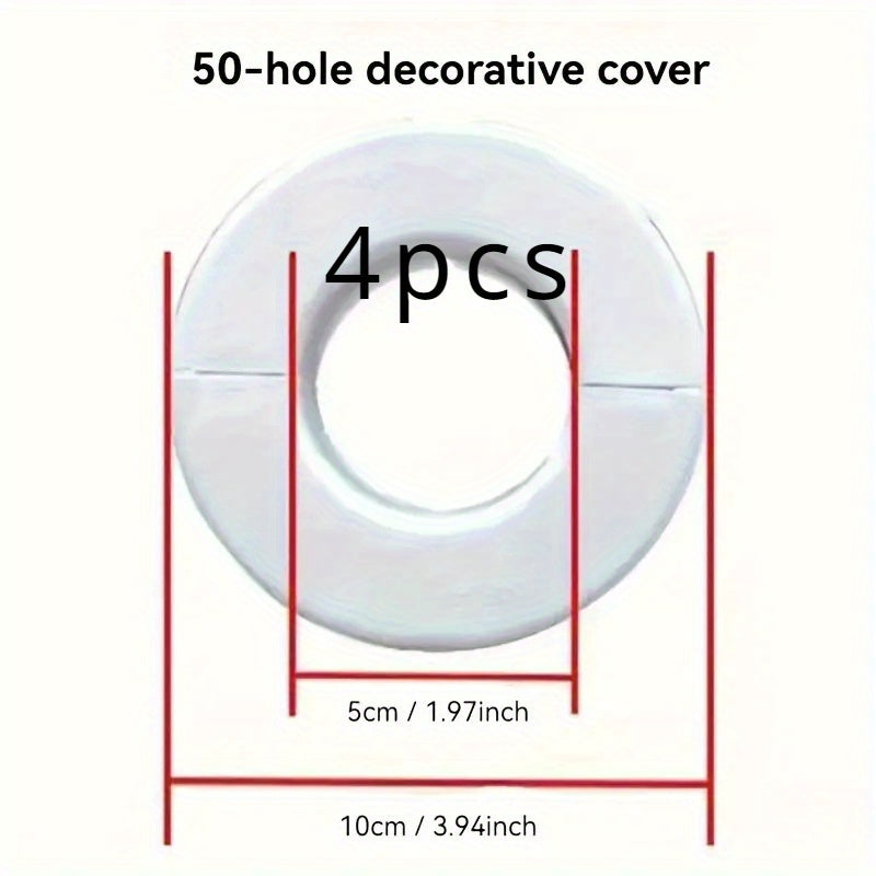 Set of four white plastic covers for air conditioner holes, made of PP material. These decorative caps are designed to protect wall-mounted pipes with hole sizes of 5.0cm, 5.99cm, 7.01cm, and 8.0cm.