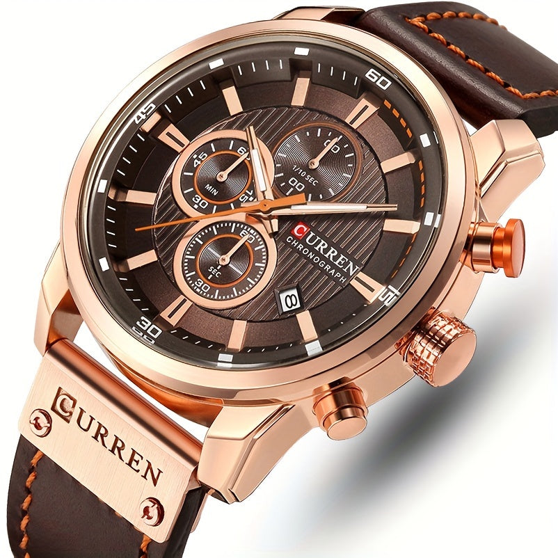 A sleek men's sports watch featuring a variety of functions, a durable PU leather strap, and an automatic date display.