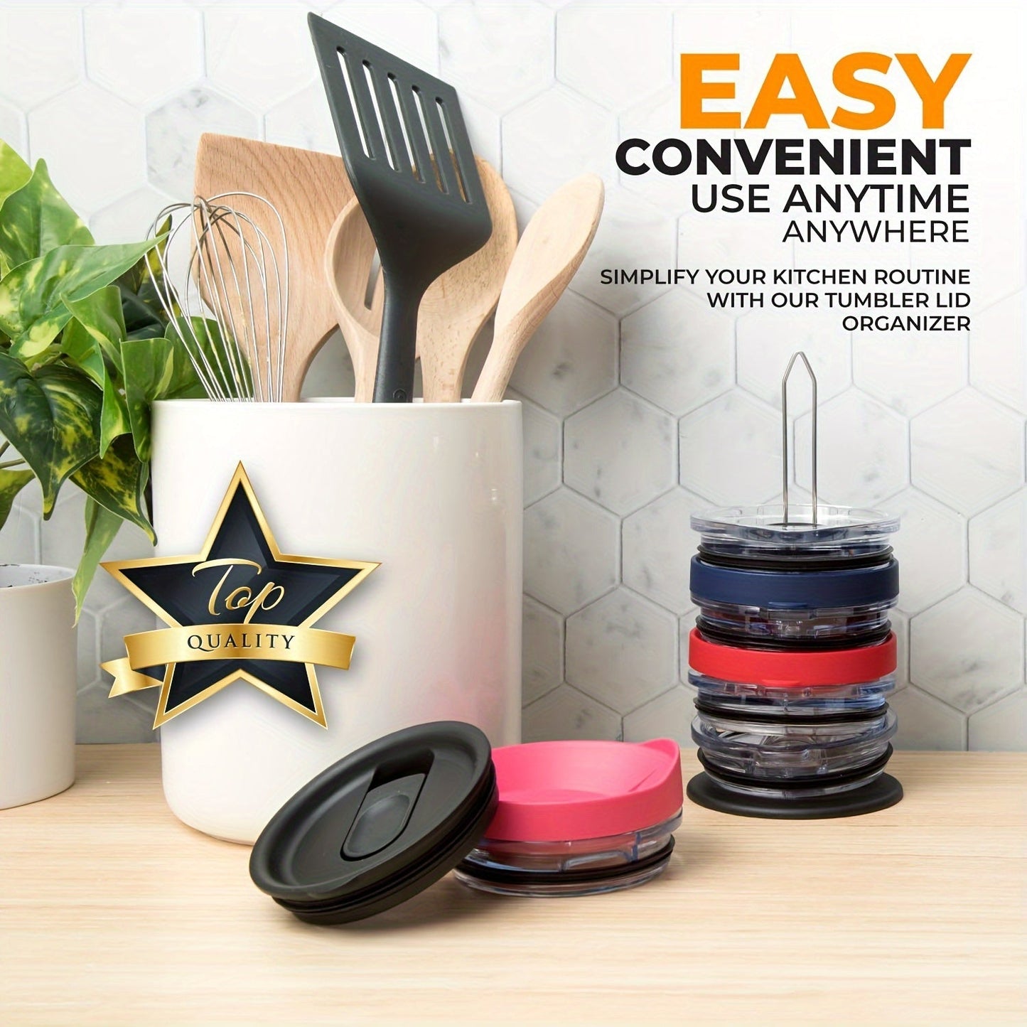 Organize your plastic cup lids with the BANUCHE Contemporary Stackable Cup Lid Organizer. This space-saving solution for your kitchen cabinet or countertop requires no assembly and is non-electric and battery-free.