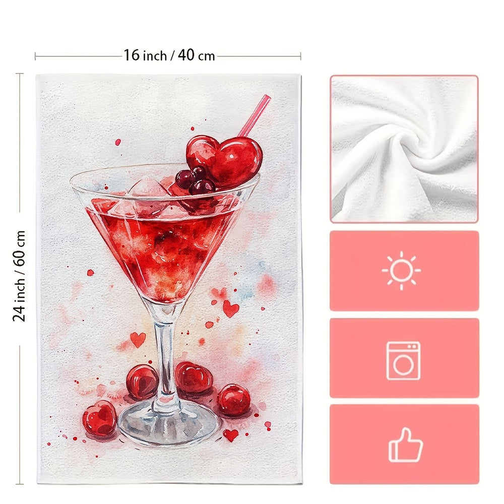 Set of 2 Ultra Soft Kitchen Towels with Valentine's Day Cherry Cocktail Design. These highly absorbent and machine washable dish hand towels measure 40.64x60.96 cm. Perfect for holiday decor, these dish towels are both functional and stylish.