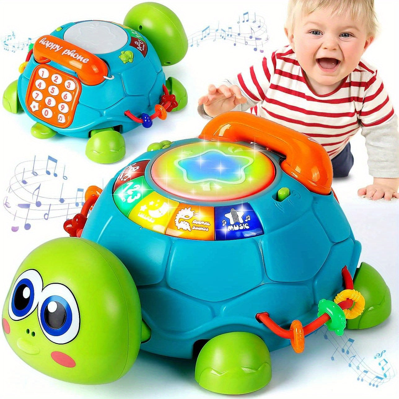 Musical light-up turtle toy for kids - educational crawling and learning toy with hand drum, keyboard, colorful buttons. Ideal first birthday gift made of ABS material in green/white.