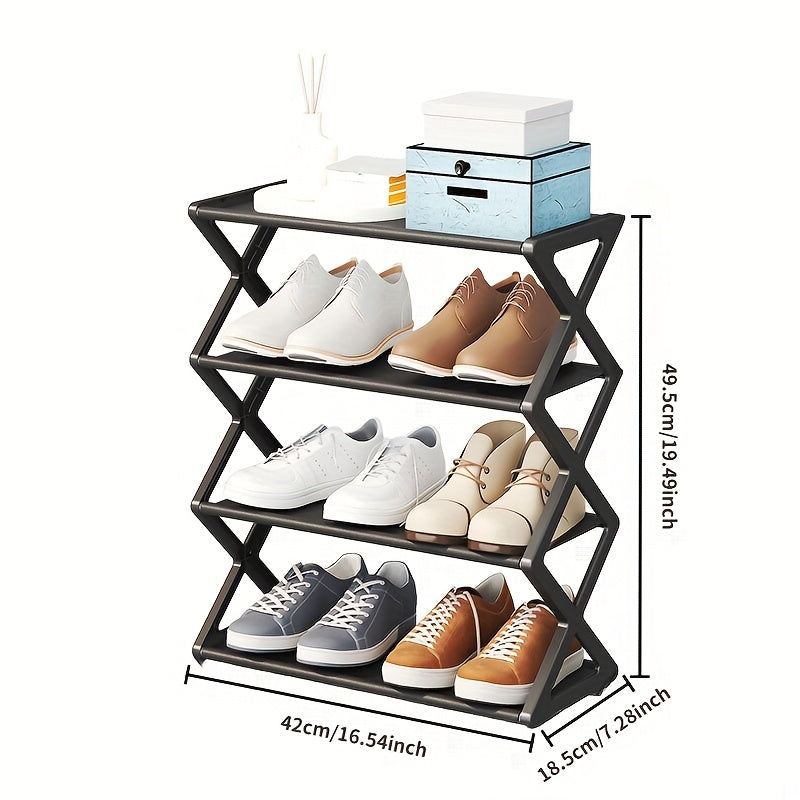 The Black Steel Tube Style X-Shaped Shoe Rack is a convenient and space-saving storage solution for shoes. With a 4-tier design and metal frame, it is easy to assemble and features a dustproof, multi-layer design. Ideal for entryways, bedrooms, and