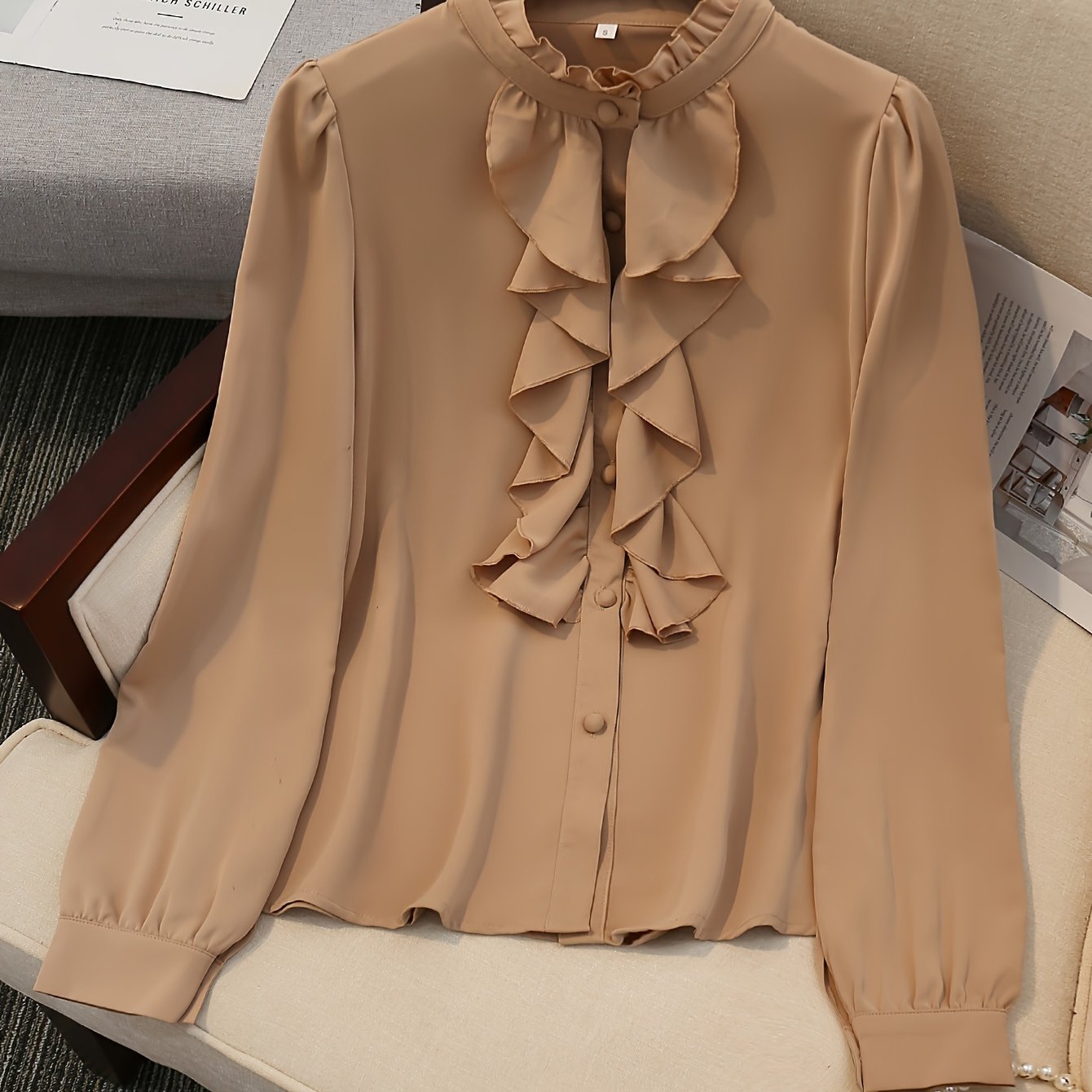 Ruffle Trim Button Front Blouse, Elegant Long Sleeve for Spring & Fall