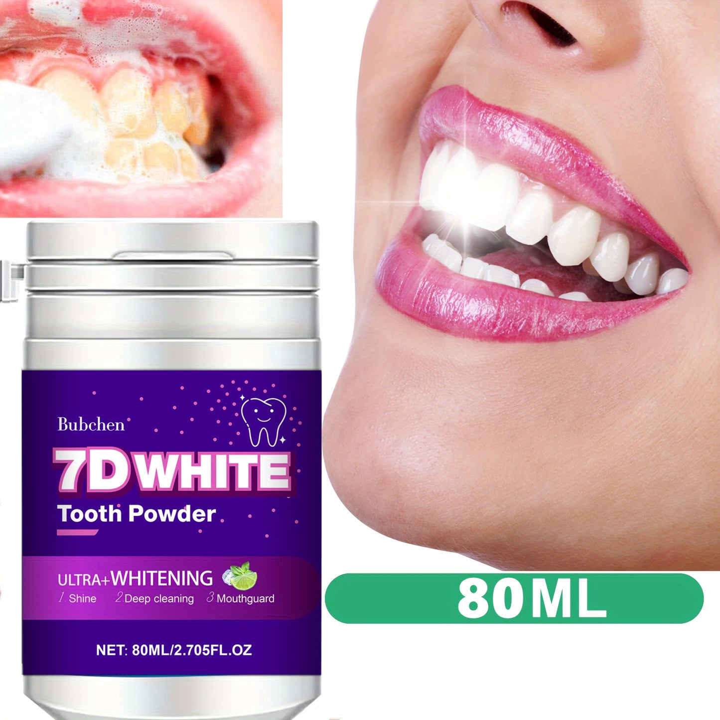 Bubchen 7D Whitening Tooth Powder with Natural Pearl Essence, Mint Flavor, 80ml - 6 Weeks Supply, Deep Clean & Stain Removal.