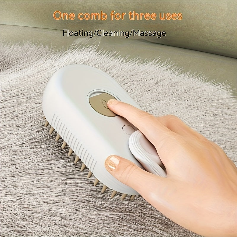 Pet grooming spray comb for cats that is easy to clean and removes loose fur without the need for a bath. Features massage and steam brush.