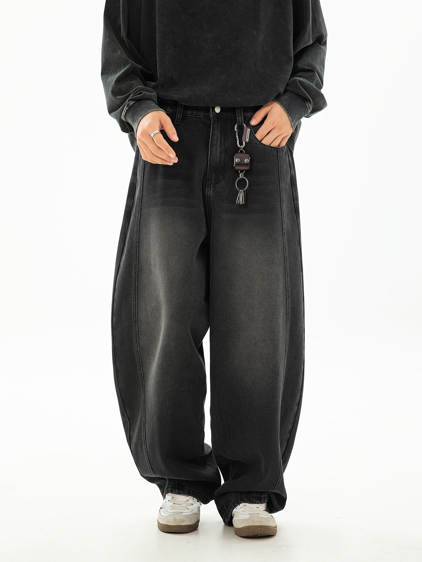 Men's gradient structure denim pants, loose-fitting, stylish black carrot pants, casual new arrivals, perfect gift option.