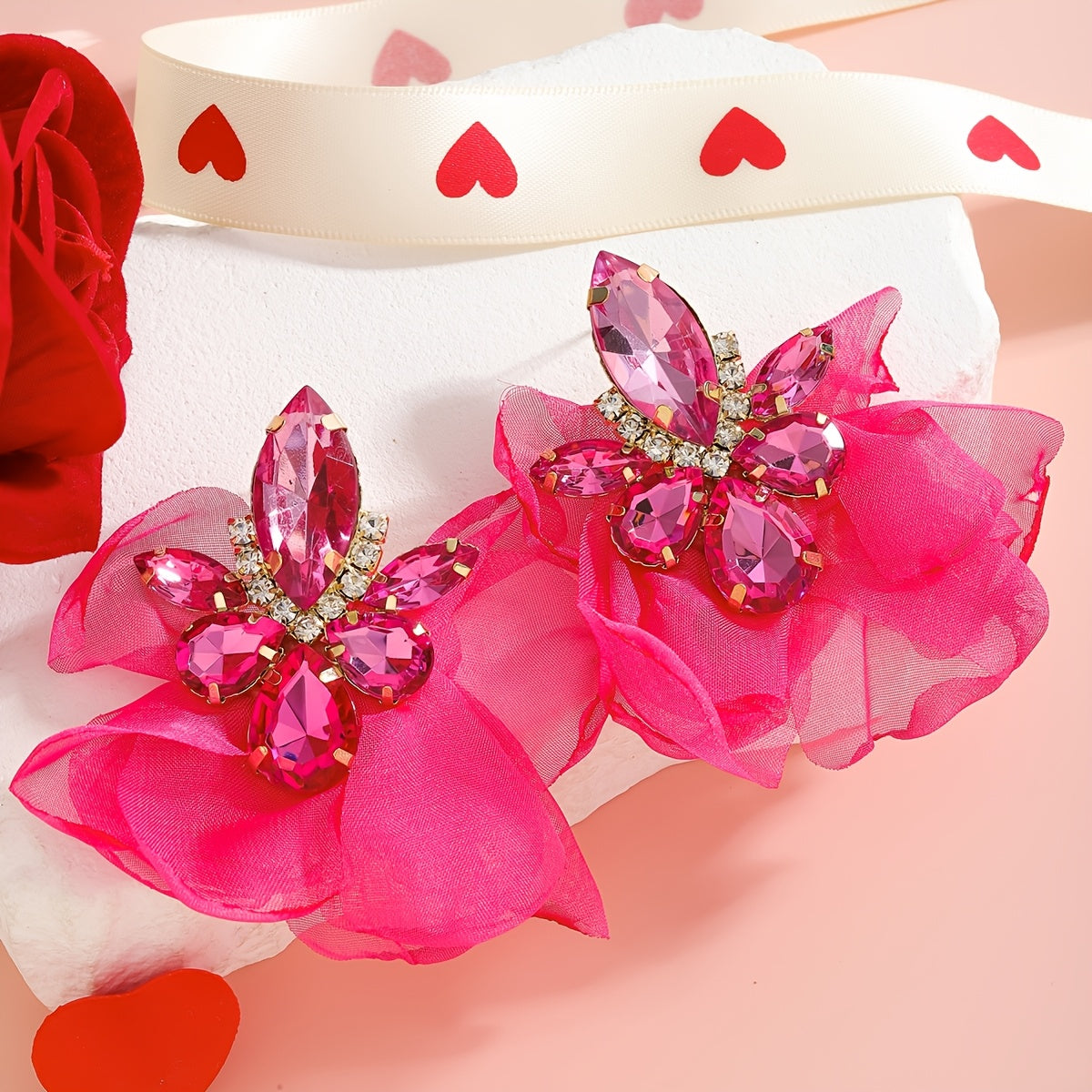 Stylish Valentine's Day Rhinestone Flower & Heart Dangle Earrings in Sweet Pink Zinc Alloy Drop style, featuring Stainless Steel Posts. These Luxury Fashion Earrings for Women are ideal for parties and as gifts.