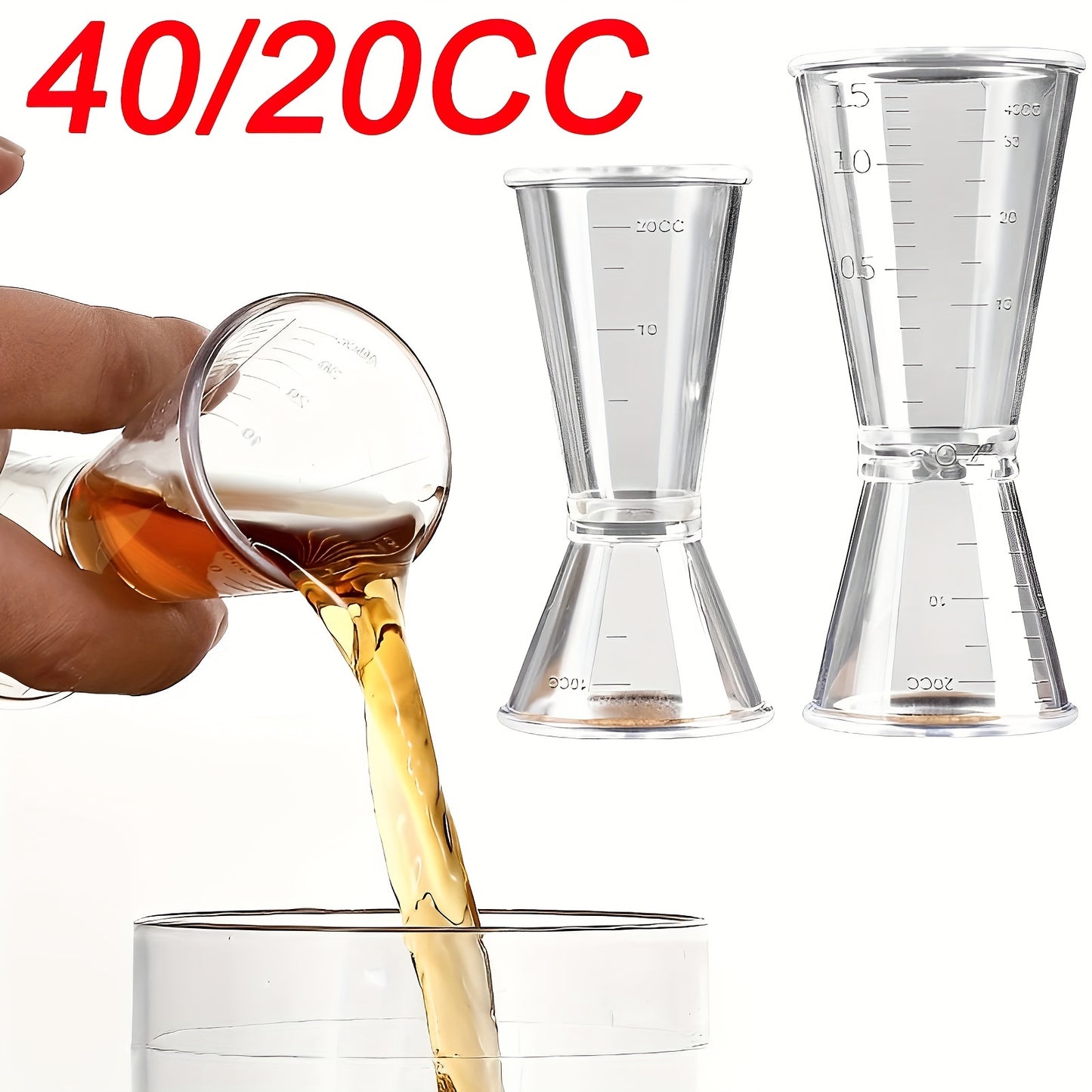 2 transparent measuring cups for cocktails, 40/10 CC, ideal for party supplies in the kitchen or bar.