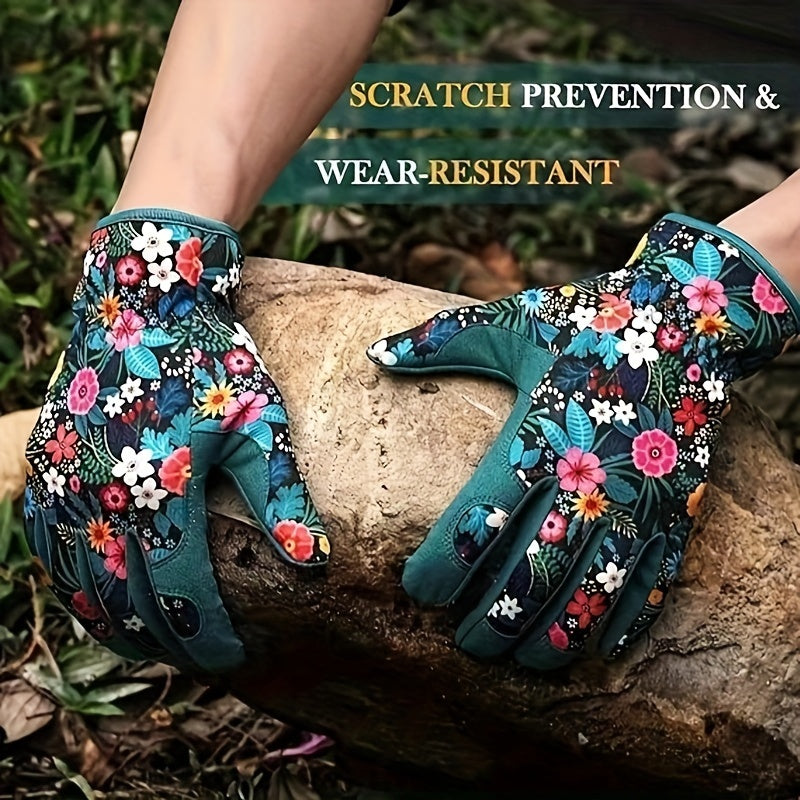 Floral print polyester garden gloves, breathable, ambidextrous work gloves, lead & PVC free, easy care - outdoor gardening hand protection.