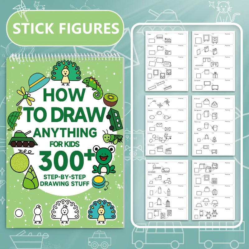 1pc Green Stick Figure Drawing Book for Youngsters - 300+ Step-by-Step Art & Education Toy featuring Cartoon Dinosaur & Frog Designs, Ideal for Creative Writing & Coloring, Spiralbound Book