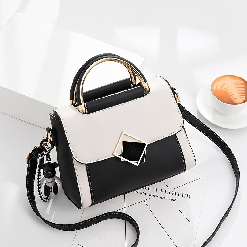 Chic color contrast handbag with lock detail perfect for women.