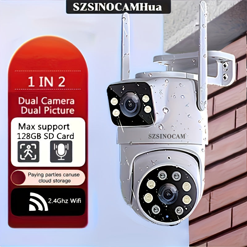 1pc SZSINOCAM 720P HD Wireless Outdoor Security Camera with dual lens, 2K ultra clear night vision, app control, USB charging, 360° pan-tilt, motion detection, two-way audio, and Wi-Fi