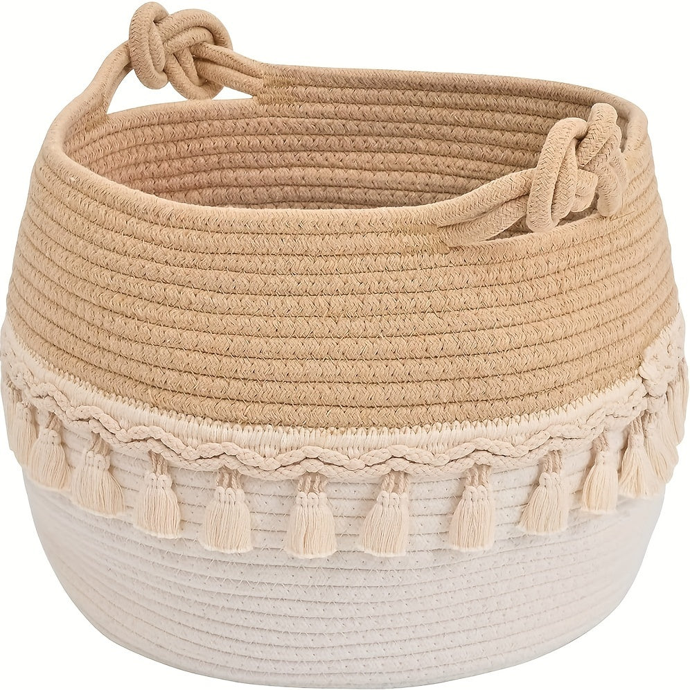 Bohemian Tassel Decorative Woven Basket for Kids - 30.48cm x 22.86cm Nursery Toy Storage & Small Laundry Hamper