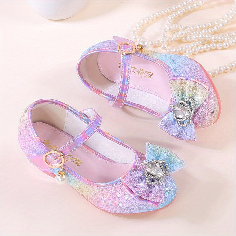 Girls' Sparkly Rainbow Princess High Heels with Pearl & Rhinestone Embellishments, Non-Slip Sole, Hook-and-loop Closure - Ideal for Performances & Parties