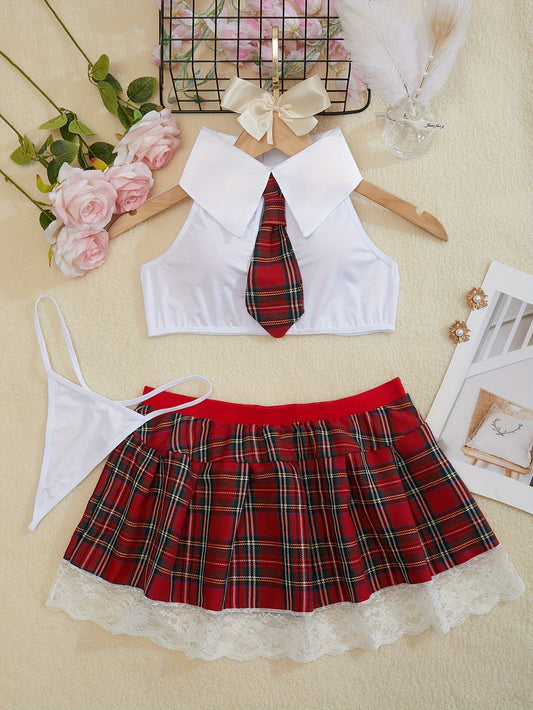 3-piece women's preppy cosplay uniform set features plaid pattern, backless design, and woven lash outfit for roleplay, made of polyester and acrylic.