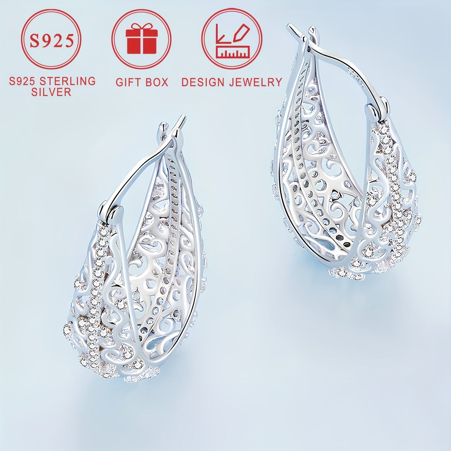 Pair of large earrings weighing approximately 3.4g with 925 pure Silver, boasting a low allergy level. These elegant earrings feature a female Zirconia flower pattern, electroplated with luxurious 18K Gold. A fashionable and exquisite piece of jewelry