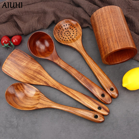 Set of 5 wooden kitchen utensils with holder - premium cooking spoons and tools for use at home or in restaurants