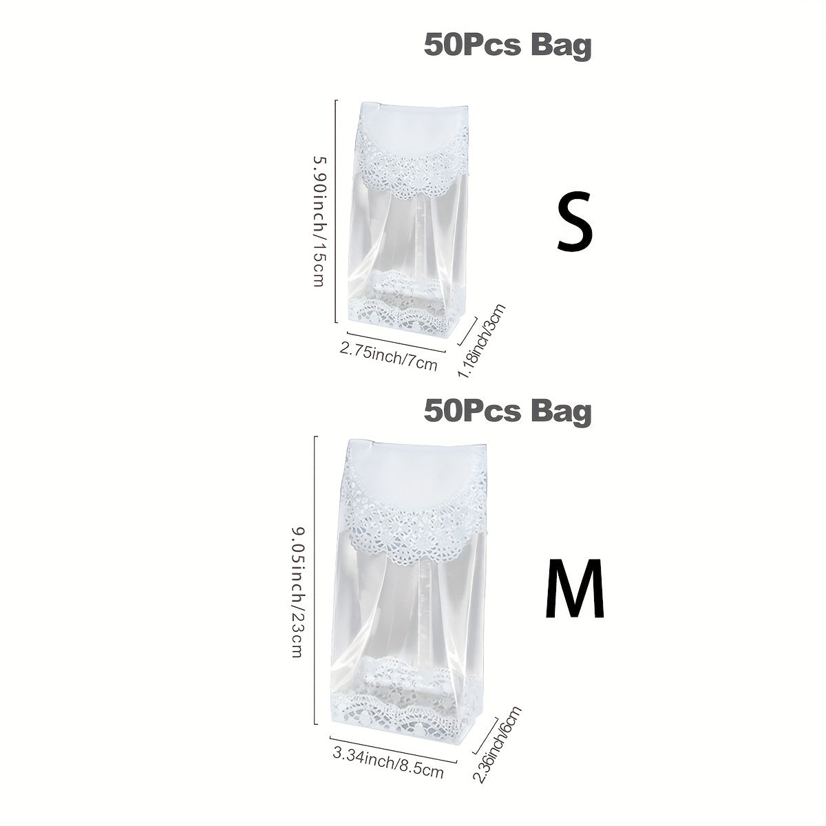 50 reusable produce bags with white lace pattern for food packaging. Features a window for easy viewing, leak proof design for storage, and perfect for kitchen organization and accessories.