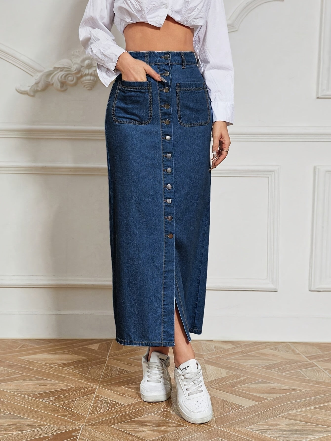 Denim midi skirt for women with high waist, solid color, front button detail, medium stretch fabric, straight cut, ideal for spring/summer/fall.