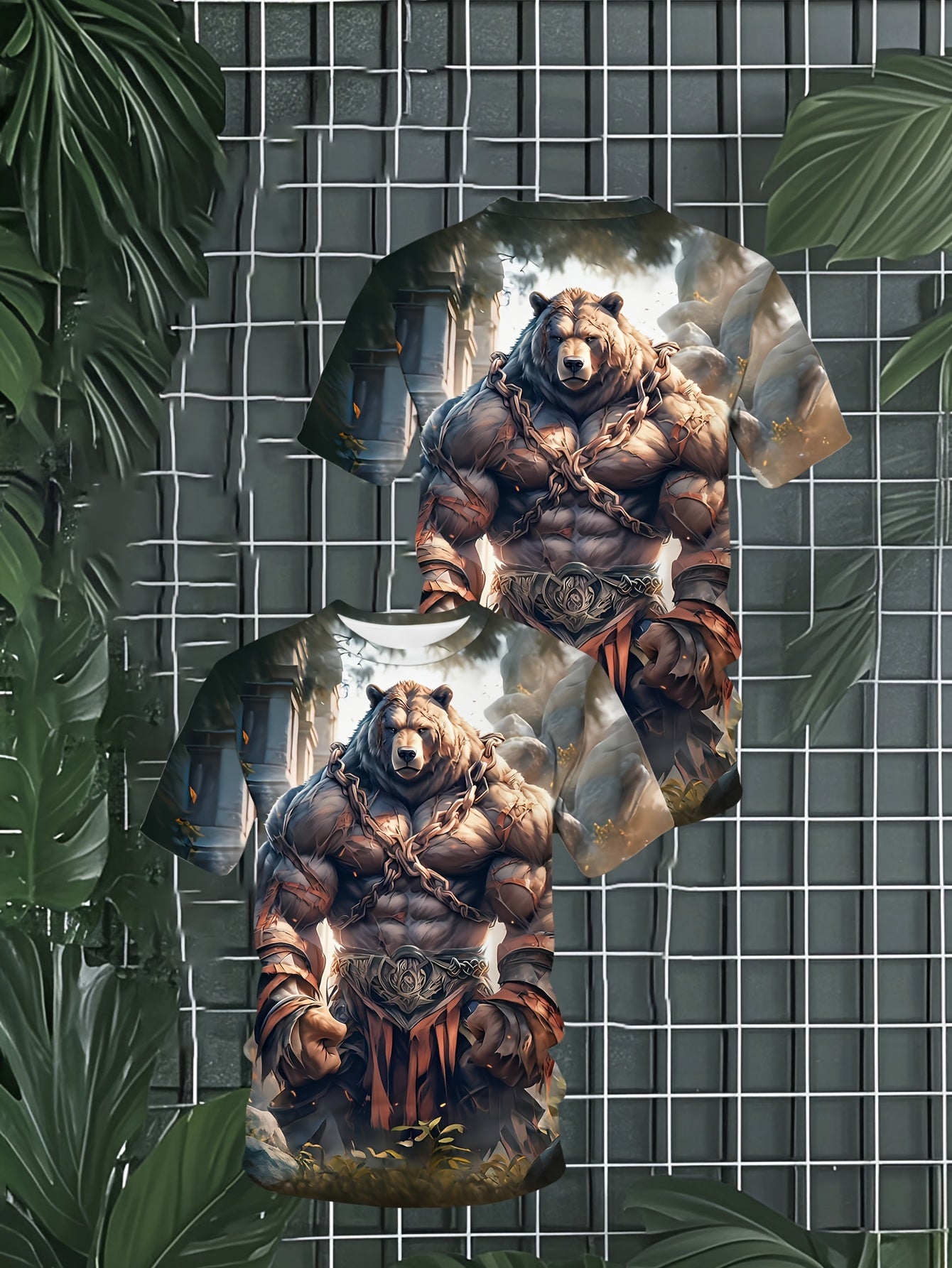 Plus size men's 3D muscle bear graphic t-shirt with bold fantasy design and comfortable polyester blend. Ideal for casual wear, parties, and outdoor adventures. Stylish round neck and