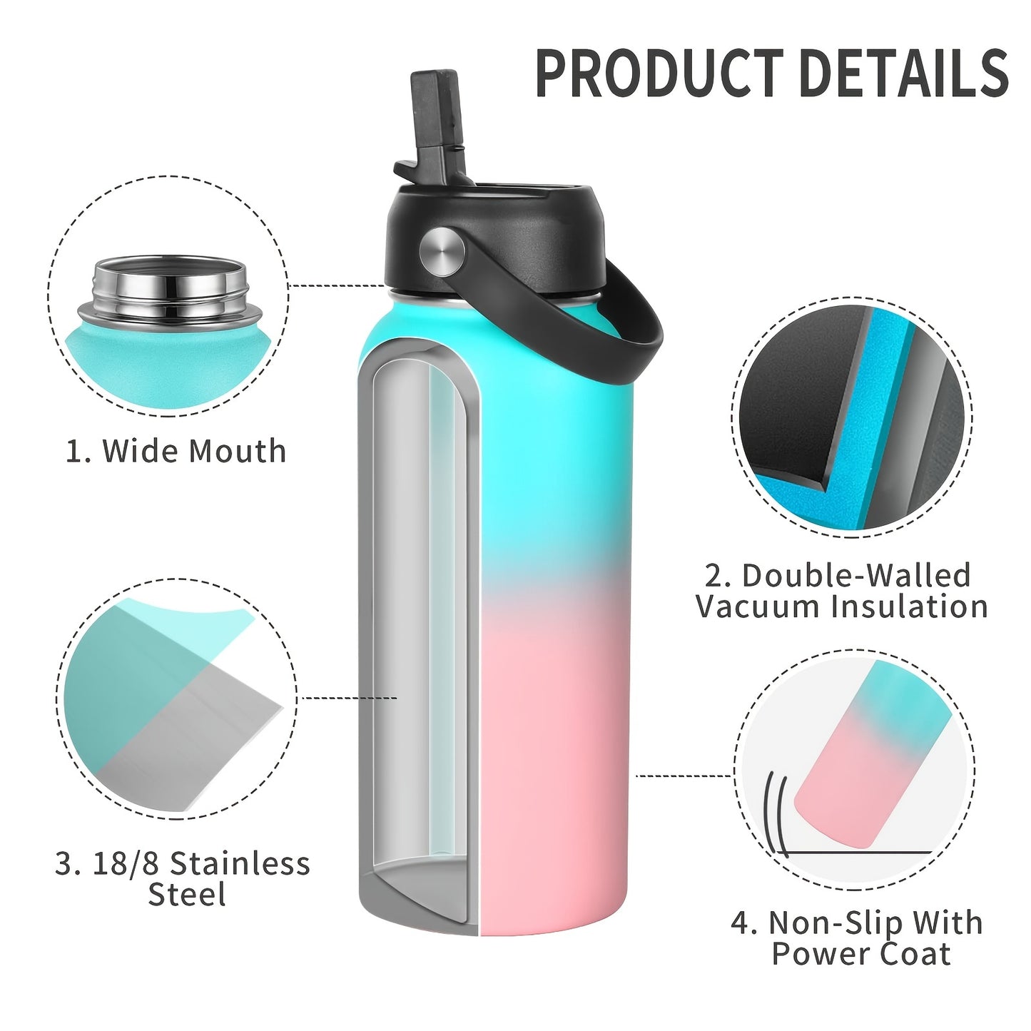 32oz stainless steel thermal water bottle with straw lid, perfect for outdoor activities and school.