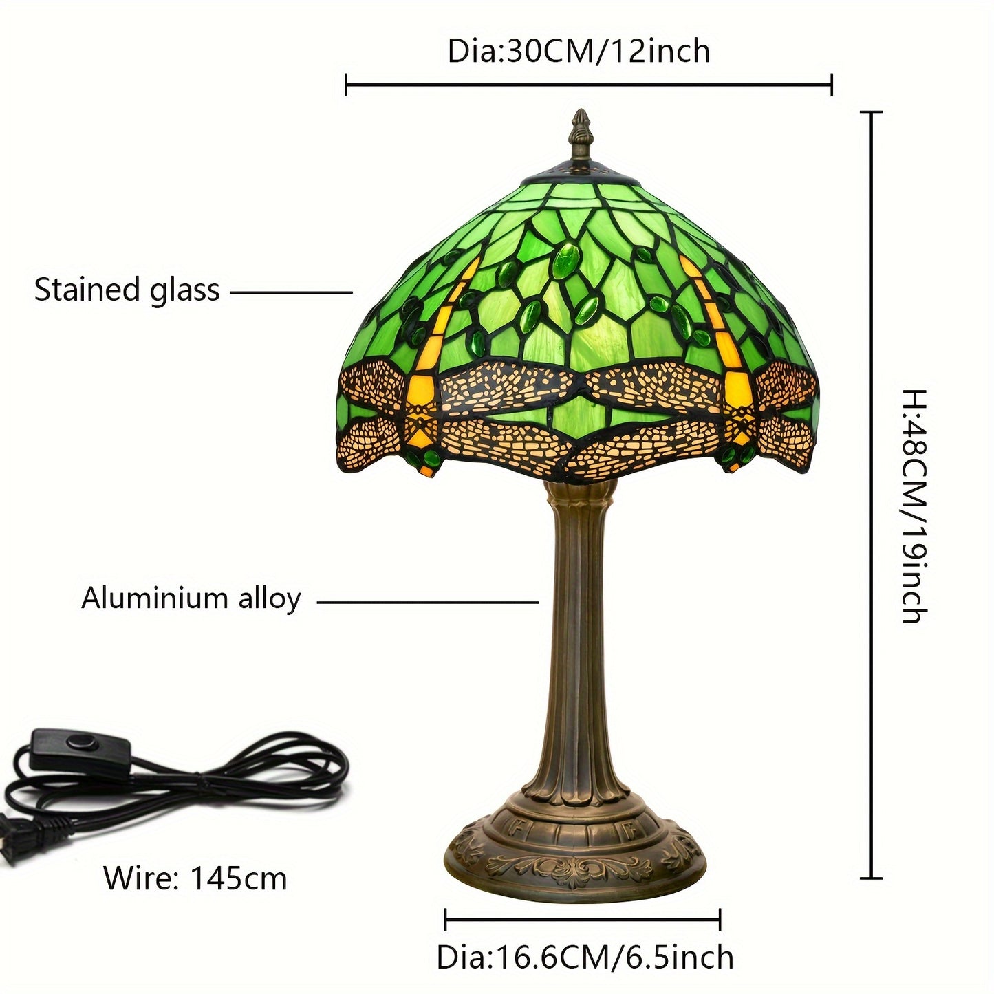 Handmade 12-inch glass desk lamp with green dragonfly pagoda shade and antique metal finish. Includes switch and 220-240V European plug. Perfect cozy bedside table lamp for various rooms in retro European countryside style. A creative gift idea.