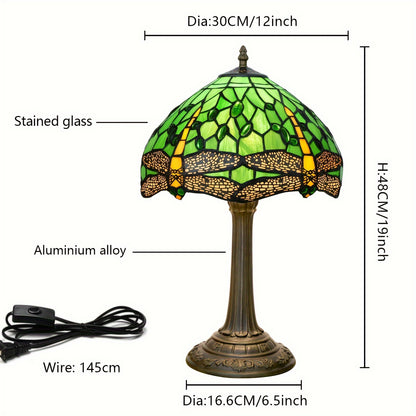 Handmade 12-inch glass desk lamp with green dragonfly pagoda shade and antique metal finish. Includes switch and 220-240V European plug. Perfect cozy bedside table lamp for various rooms in retro European countryside style. A creative gift idea.