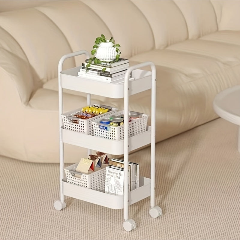 3-tier or 4-tier rolling utility cart made of metal and plastic, inspired by Nordic design. Equipped with brake wheels for stability, this versatile storage organizer can be used in the kitchen, office, pantry, bookshelf, or as a snack rack. No