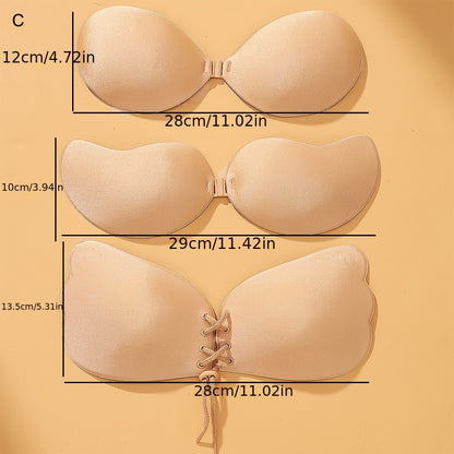 Set of 3 front lace-up stick-on bras, breathable and reusable, perfect for strapless wear. Feminine lingerie accessory.