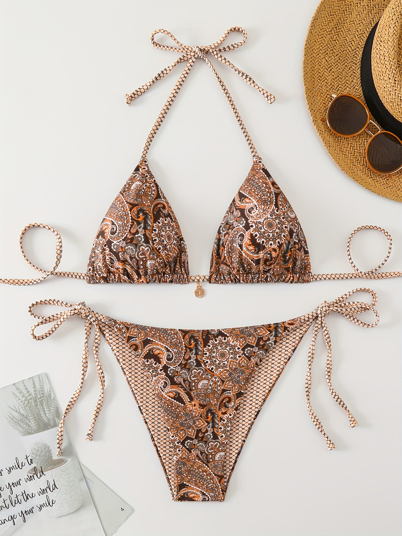 Print Strap Neck Bikini Set