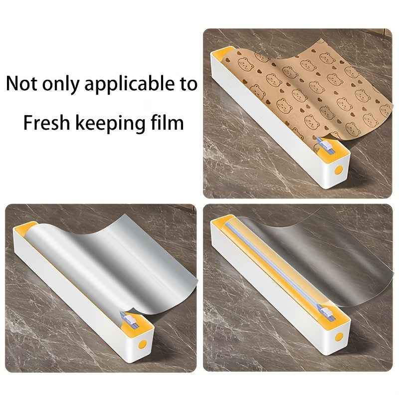 2-in-1 Kitchen Packaging Dispenser with Cutter - Reusable cling film and baking tin foil cutter with double-sided sliding knife cutting box for household wall mounted storage.