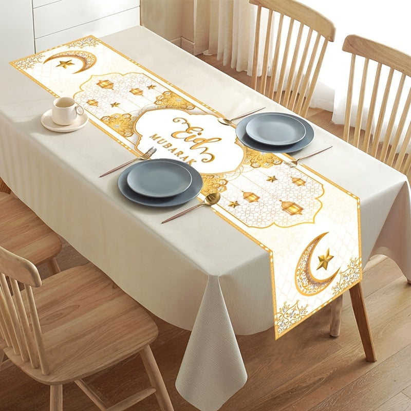 Polyester Ramadan table runner and flag featuring Eid Mubarak designs, perfect for home decorations and gifts during Ramadan and Eid Al-Fitr celebrations. Ideal for Islamic Muslim party