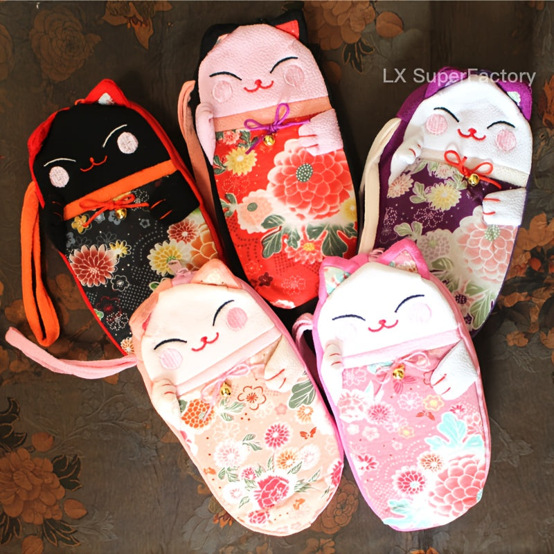 Soft fabric glasses case featuring a lucky cat design, perfect for storing eyewear in a Chinese-inspired knitted style pouch. Lens case included.