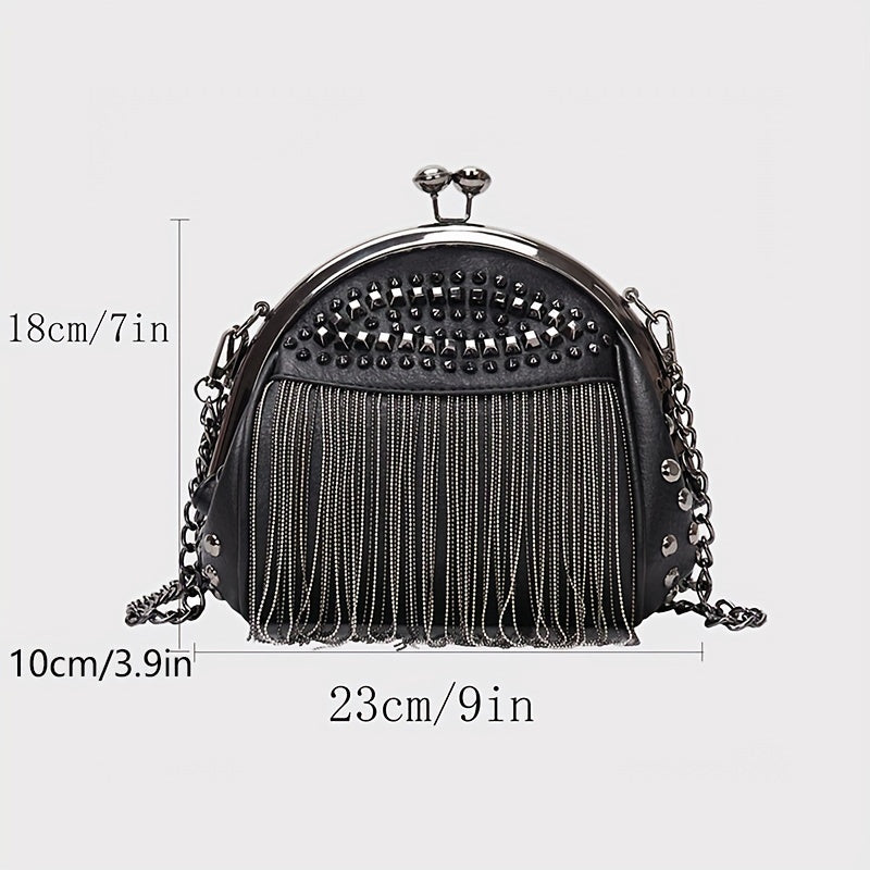 Niche fashionable kiss-lock handbag with rivets and tassel decor for women.