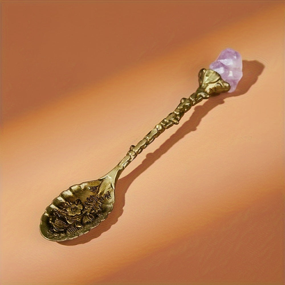 Set of four natural amethyst spoons featuring a tooth flower pattern and embossed design. Perfect for serving ice cream, desserts, stirring soup, cutting cake, and stirring coffee.