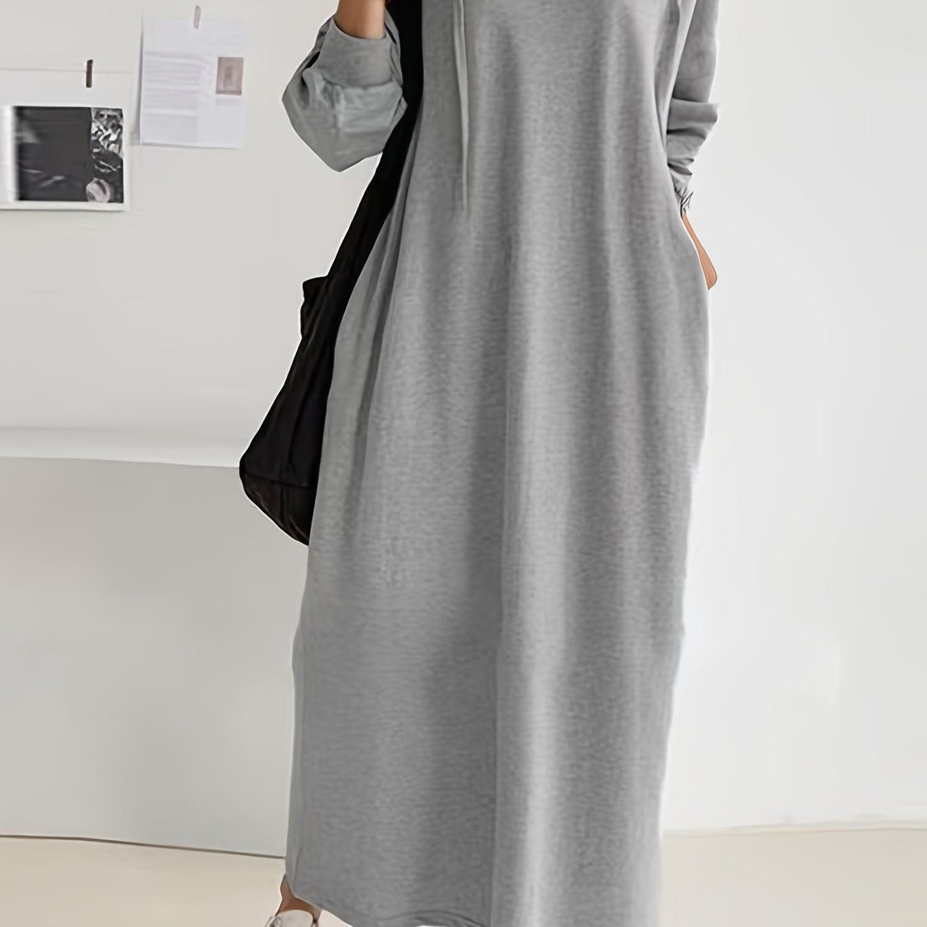 Plus Size Solid Drawstring Hooded Maxi Dress for Fall & Winter