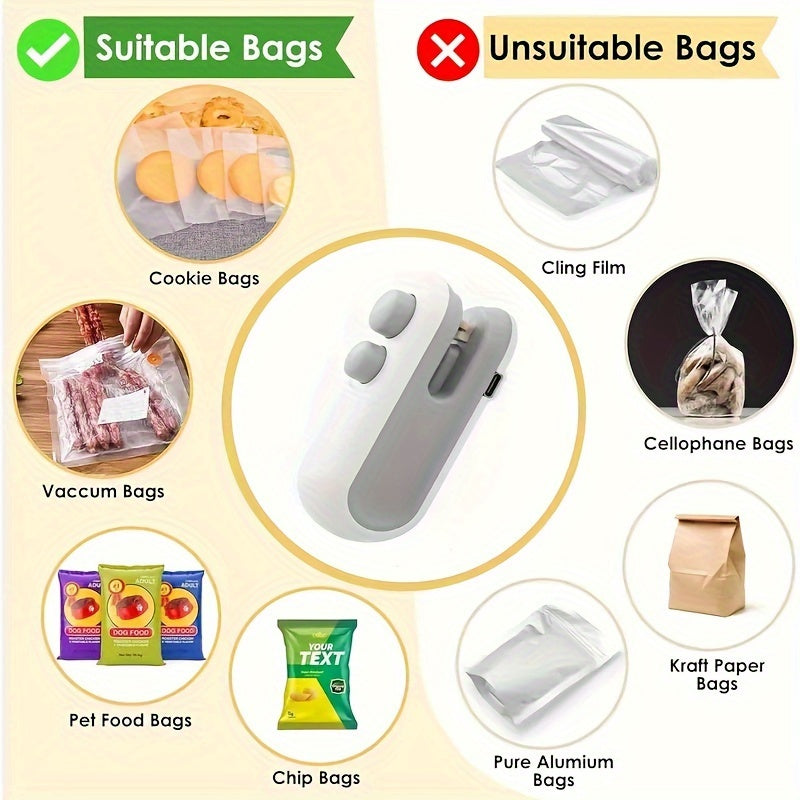 Compact Snack Bag Sealer with USB Rechargeable Hot Stamping and Shredder Blade, Preserves Freshness, Suitable for Food Storage Bags, Durable ABS and Alloy Steel Construction, Manual Operation, 16W Power, 150mAh Lithium Battery Included.