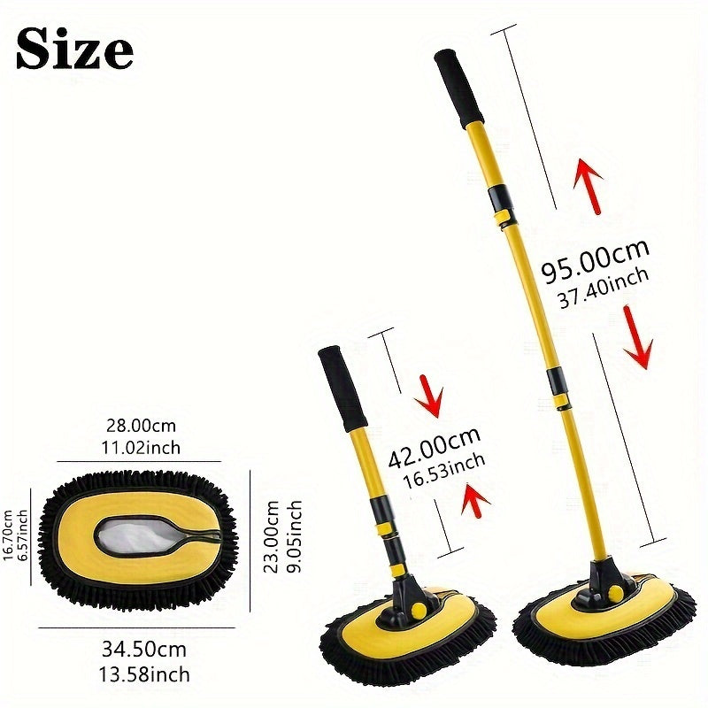 Telescoping car cleaning brush with long handle, chenille mop, and microfiber bristles. Adjustable length for easy use.